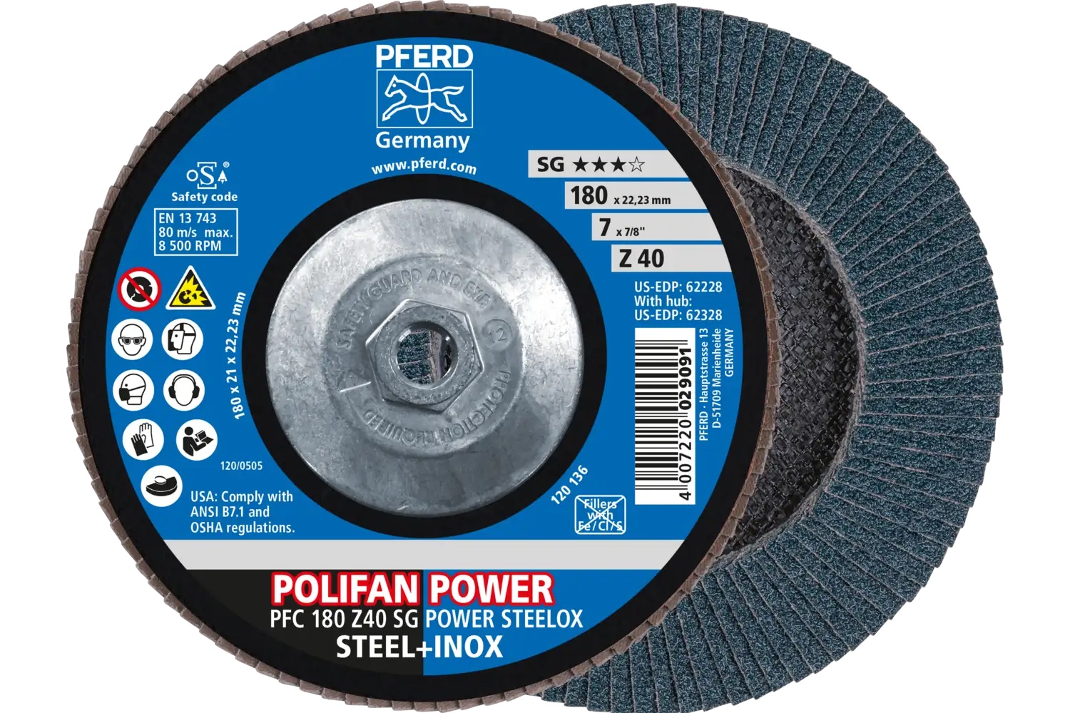 Picture of Pferd Flap Disc, 7" x 5/8-11, Z SG Power Steelox, 40 Grit, T29, Conical, Zirconia